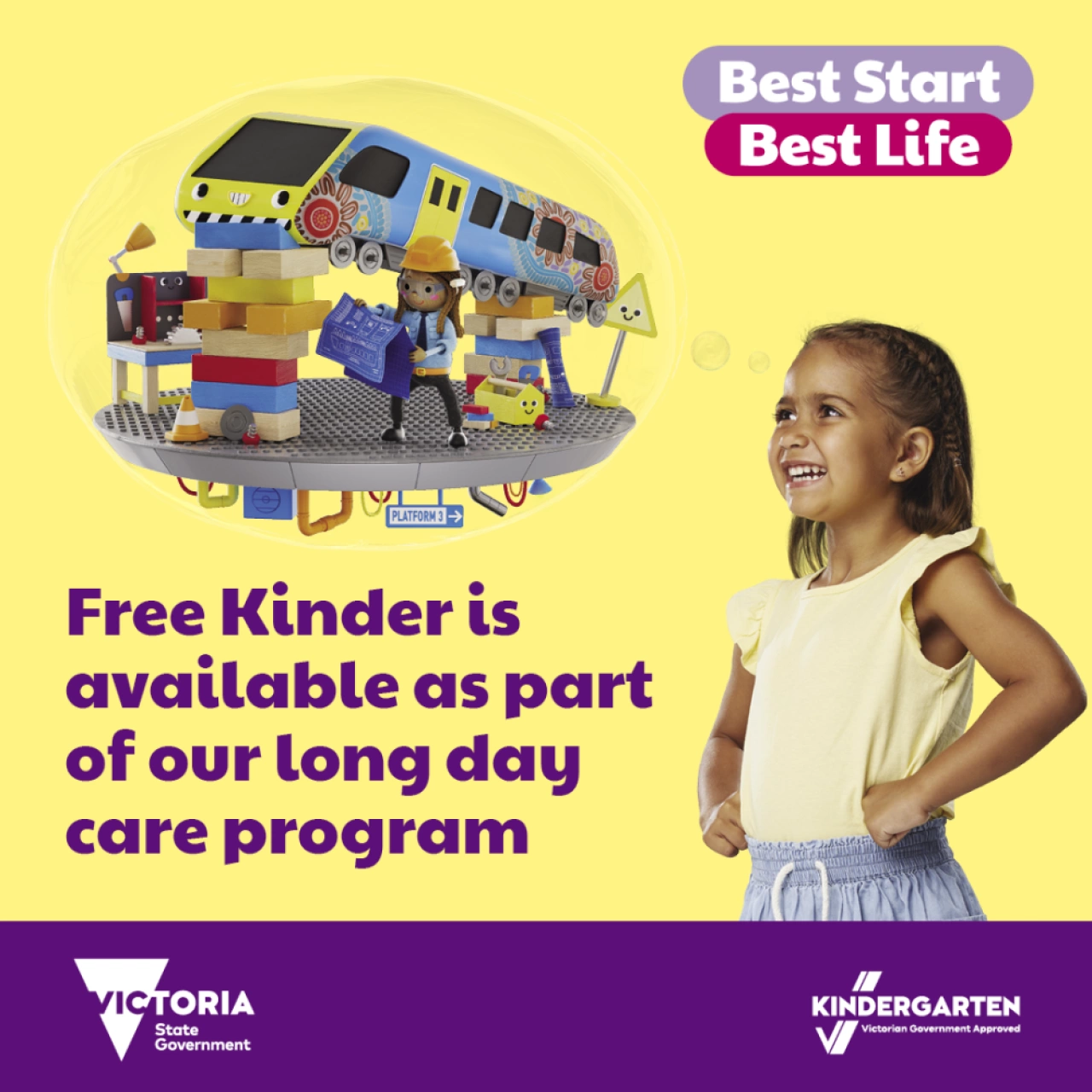 Free Kinder is available long day care program social media tile