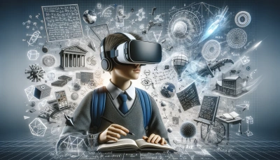 DALL E 2024 03 13 10 33 14 A highly detailed and realistic image of a student immersed in a Virtual Reality learning environment designed for high resolution and a wide format