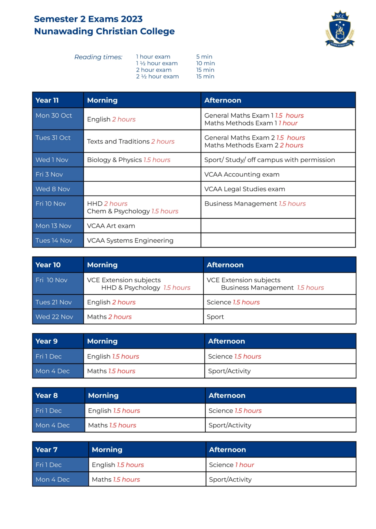 Year 7 11 Exam timetables Semester 2 2023