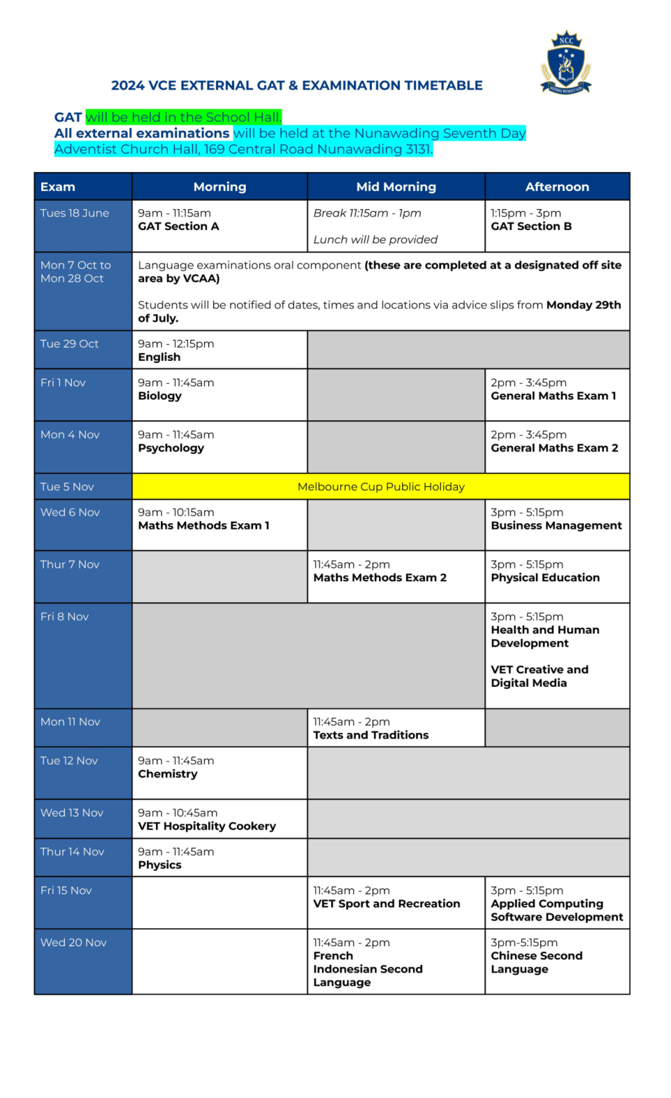 VCAA Exam Timetable Nunawading Christian College